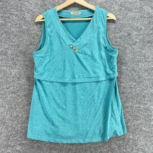 Larenba Tank Women L Large Blue V-Neck Sleeveless Button Wide Strap Casual Solid